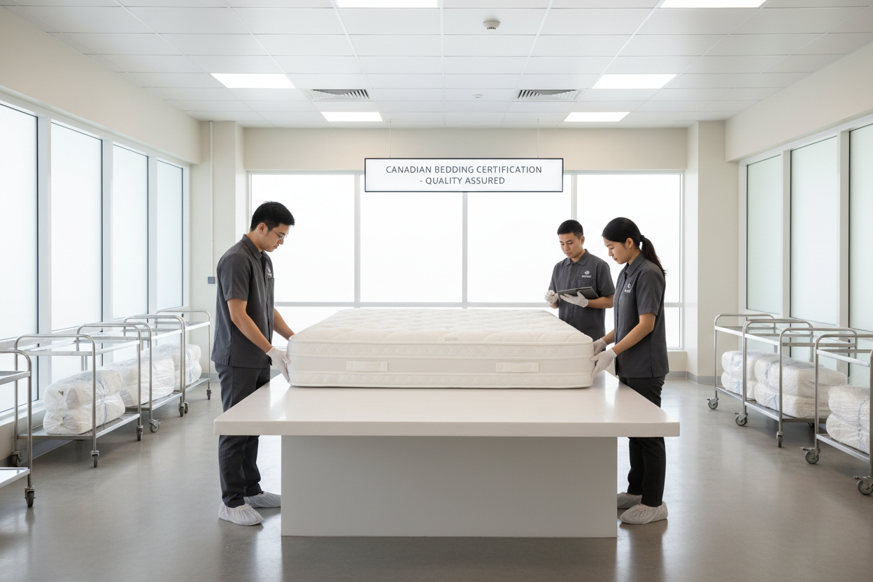 "Sleepwell staff inspecting a returned mattress at the Winnipeg facility under Canadian Bedding Certification standards, before confirming comfort adjustment options."