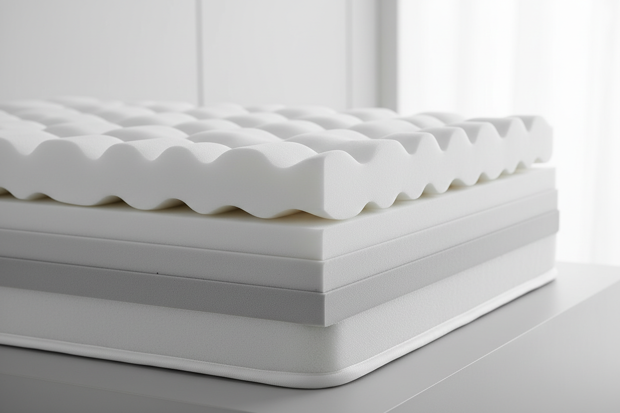 "Cross-section of a memory foam mattress showing the contoured egg-crate top layer and multiple support layers — Sleepwell Bedding."