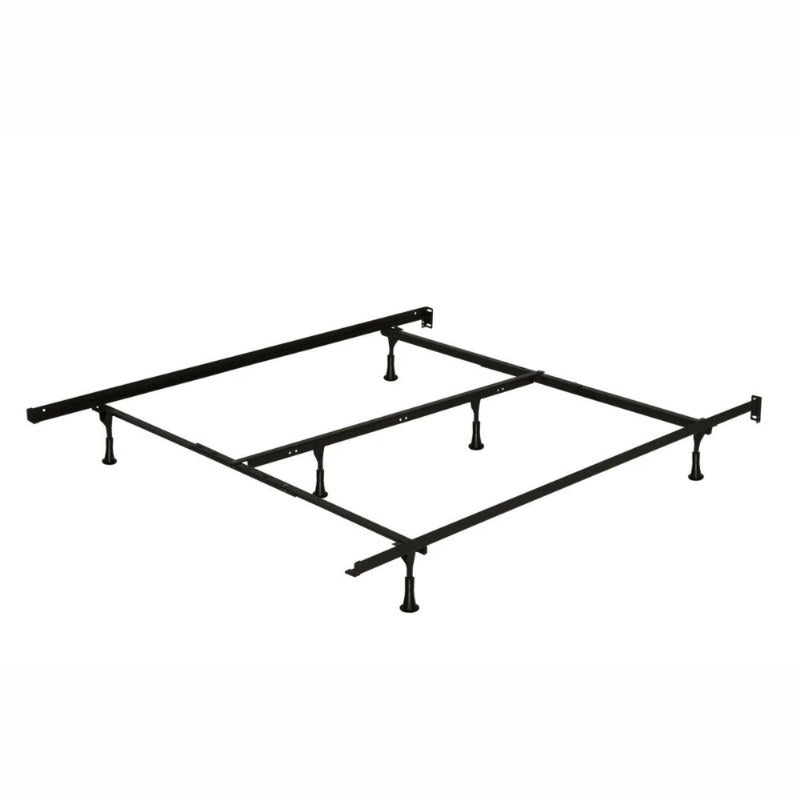 Metal bed frame with adjustable center support legs, full assembled view