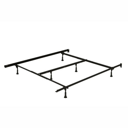 Metal bed frame with adjustable center support legs, full assembled view