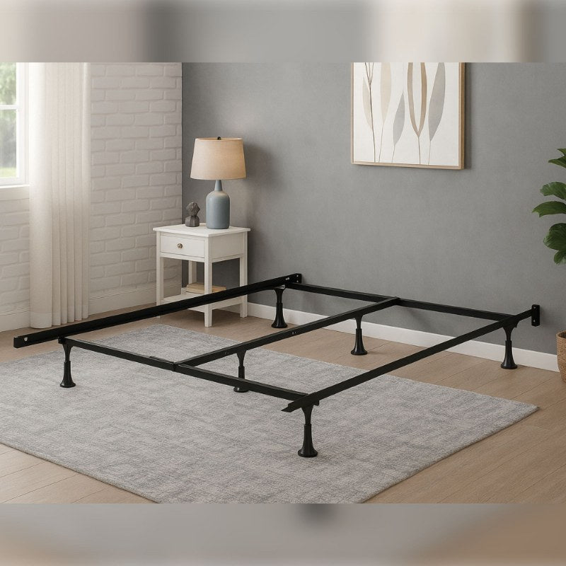 Metal bed frame with adjustable center support legs in a bedroom setting