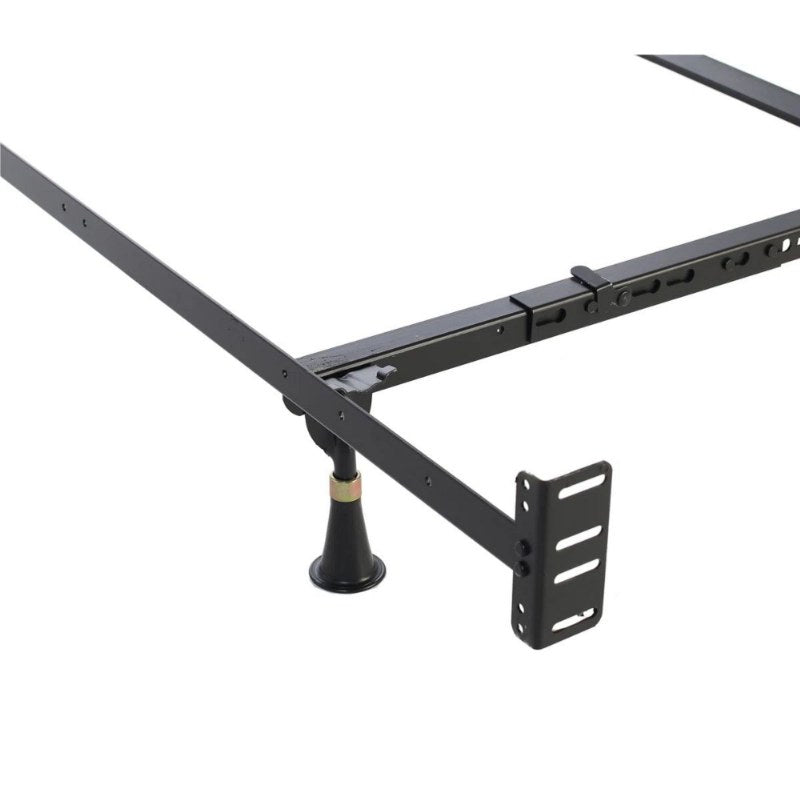 Metal bed frame with adjustable center support leg and bracket detail