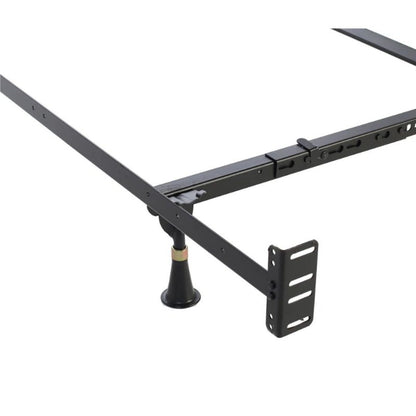 Metal bed frame with adjustable center support leg and bracket detail