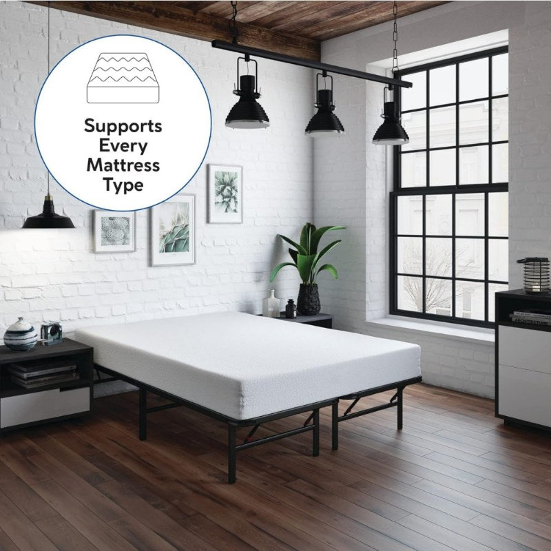 Platform bedframe with mattress in styled bedroom, "Supports Every Mattress Type" callout
