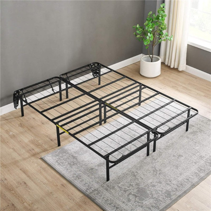 Platform bedframe with universal headboard attachment bracket in a bedroom setting