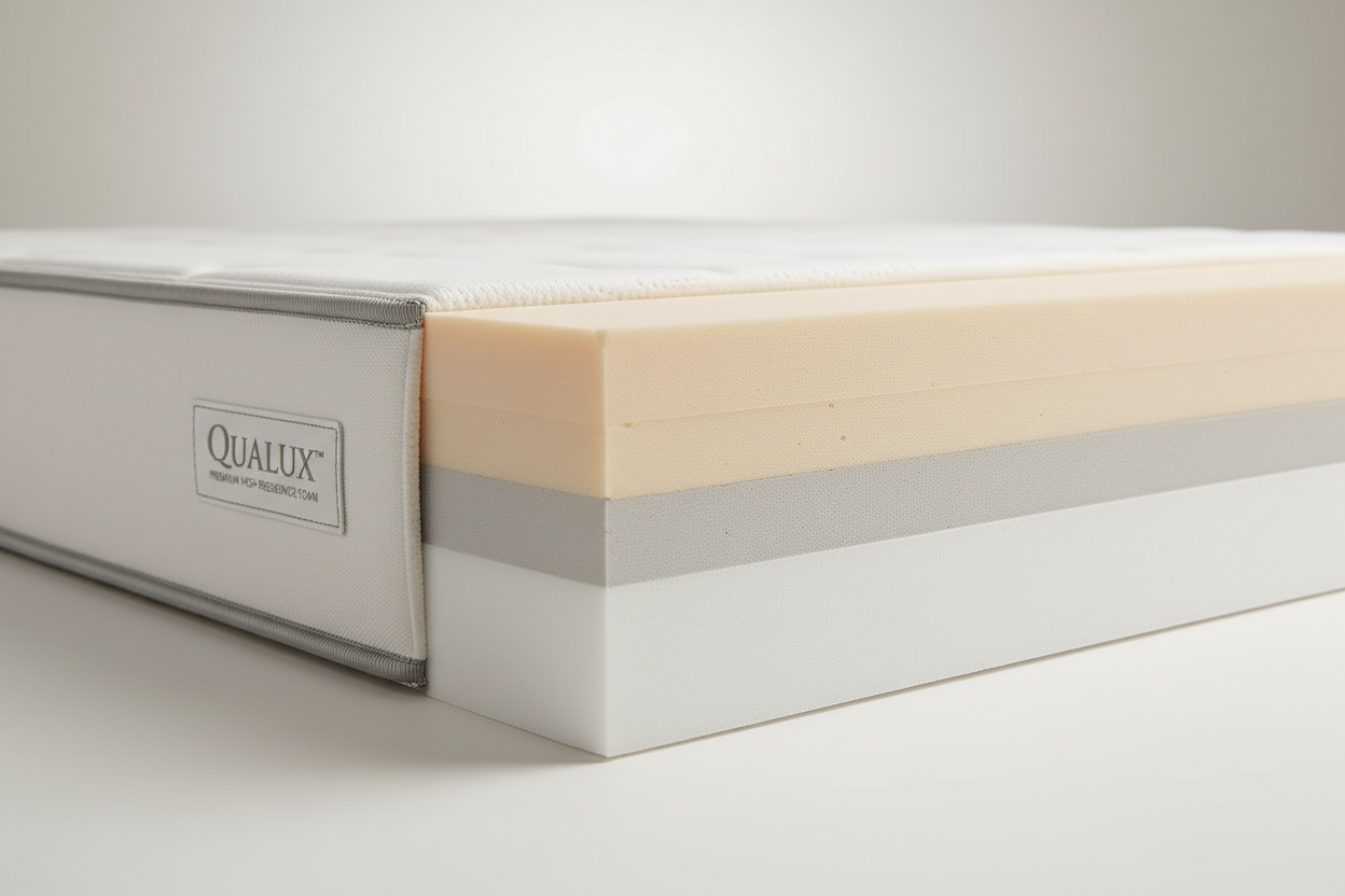 "Cross-section of a Qualux premium high-resilience foam mattress layer, showing the foam core beneath the quilted cover — used in Sleepwell mattresses."