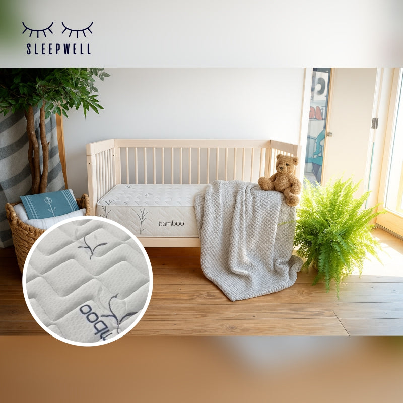 SleepWell Bamboo crib mattress with fabric detail in cozy nursery