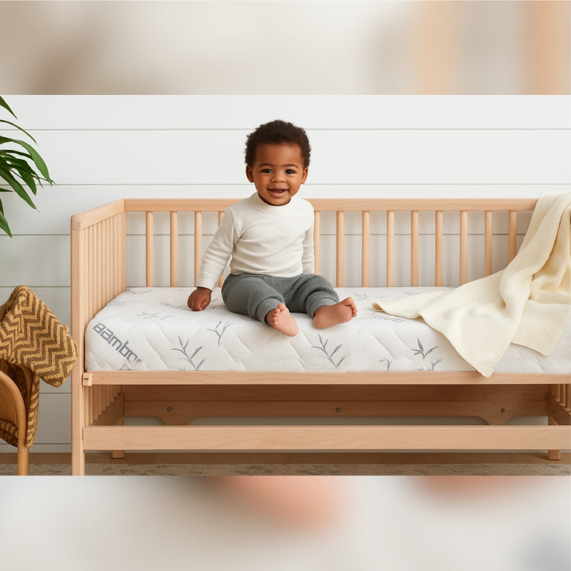 SleepWell Bamboo crib mattress with toddler sitting in wooden crib