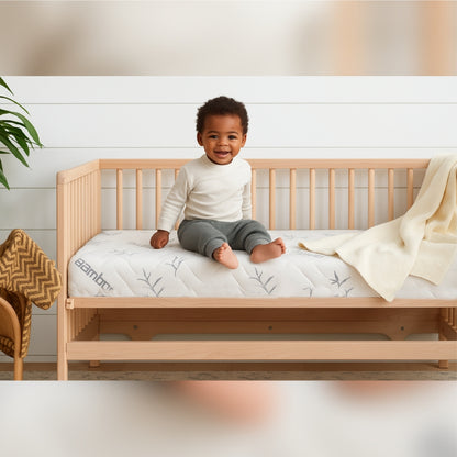 SleepWell Bamboo crib mattress with toddler sitting in wooden crib