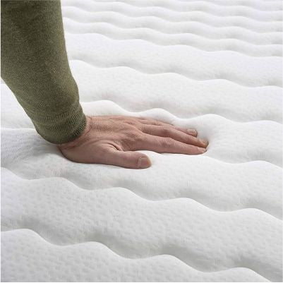 Hand touching soft quilted top layer of SleepWell custom mattress