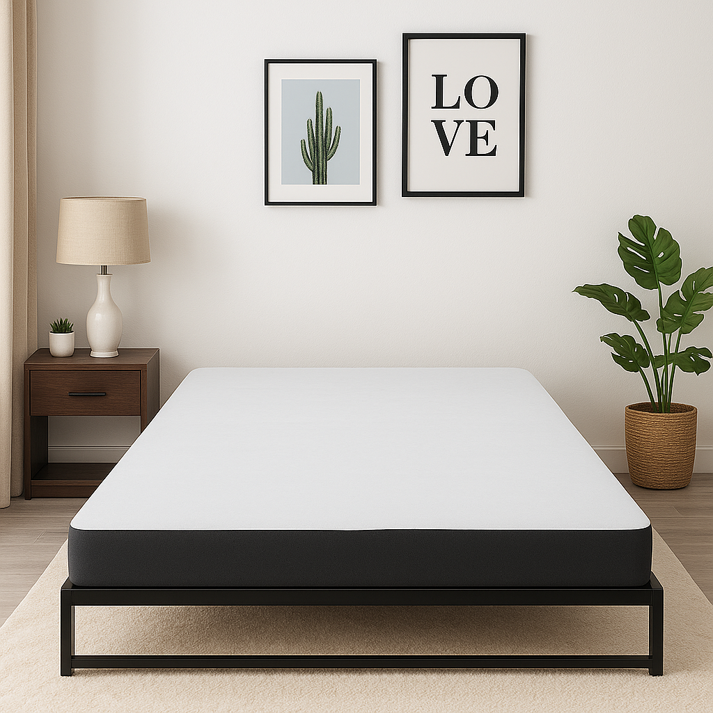 SleepWell low-profile platform bed frame in modern bedroom setting