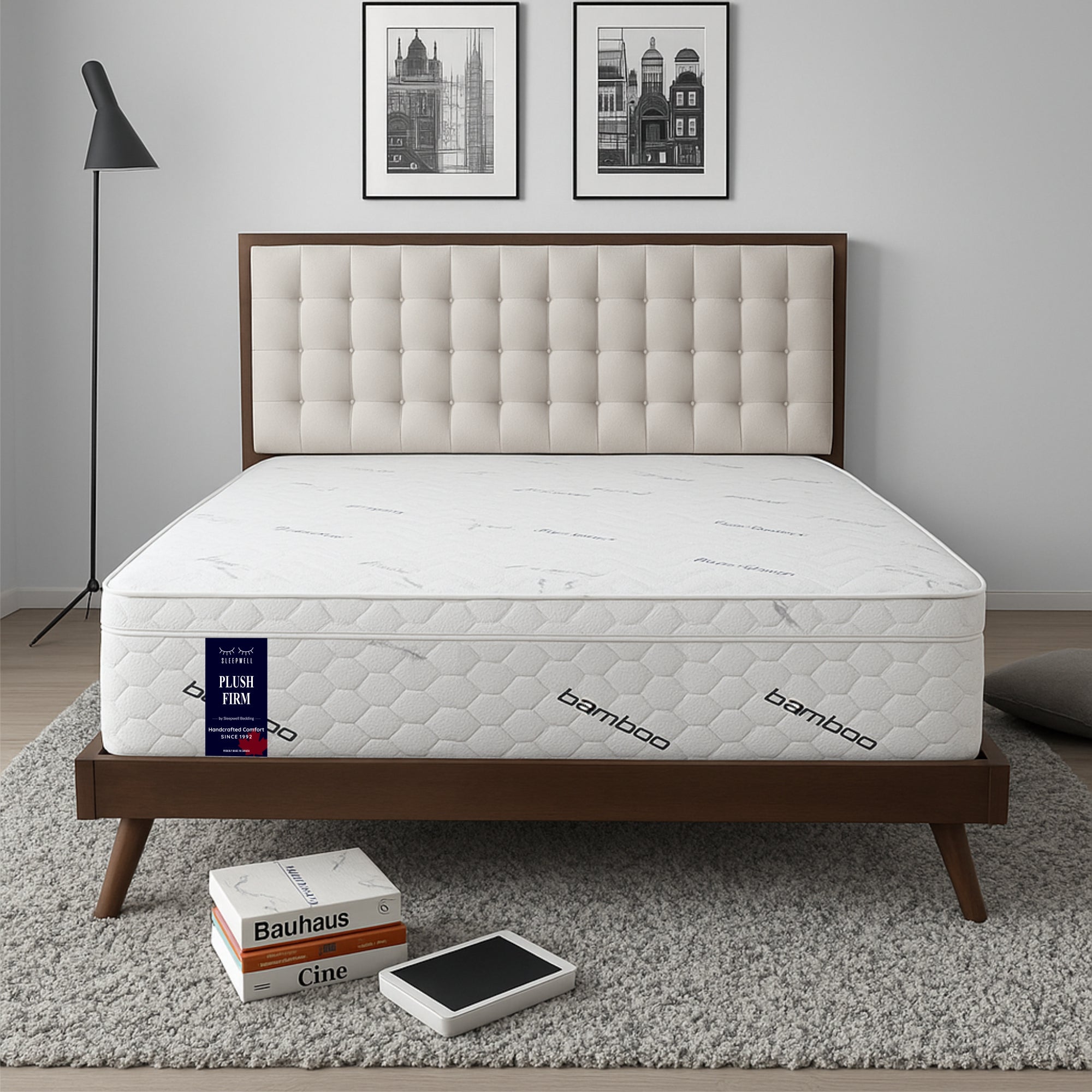 SleepWell Plush Firm bamboo mattress front view on wooden bed frame