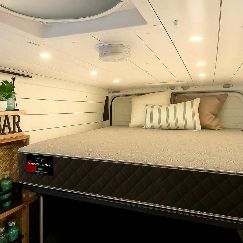 SleepWell Support mattress fitted in a cozy van or cabin bedroom setting