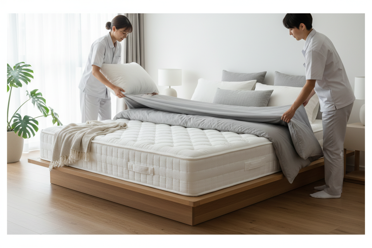 "Sleepwell team members setting up a plush mattress and bedding in a customer's bedroom as part of white-glove delivery and assembly service."