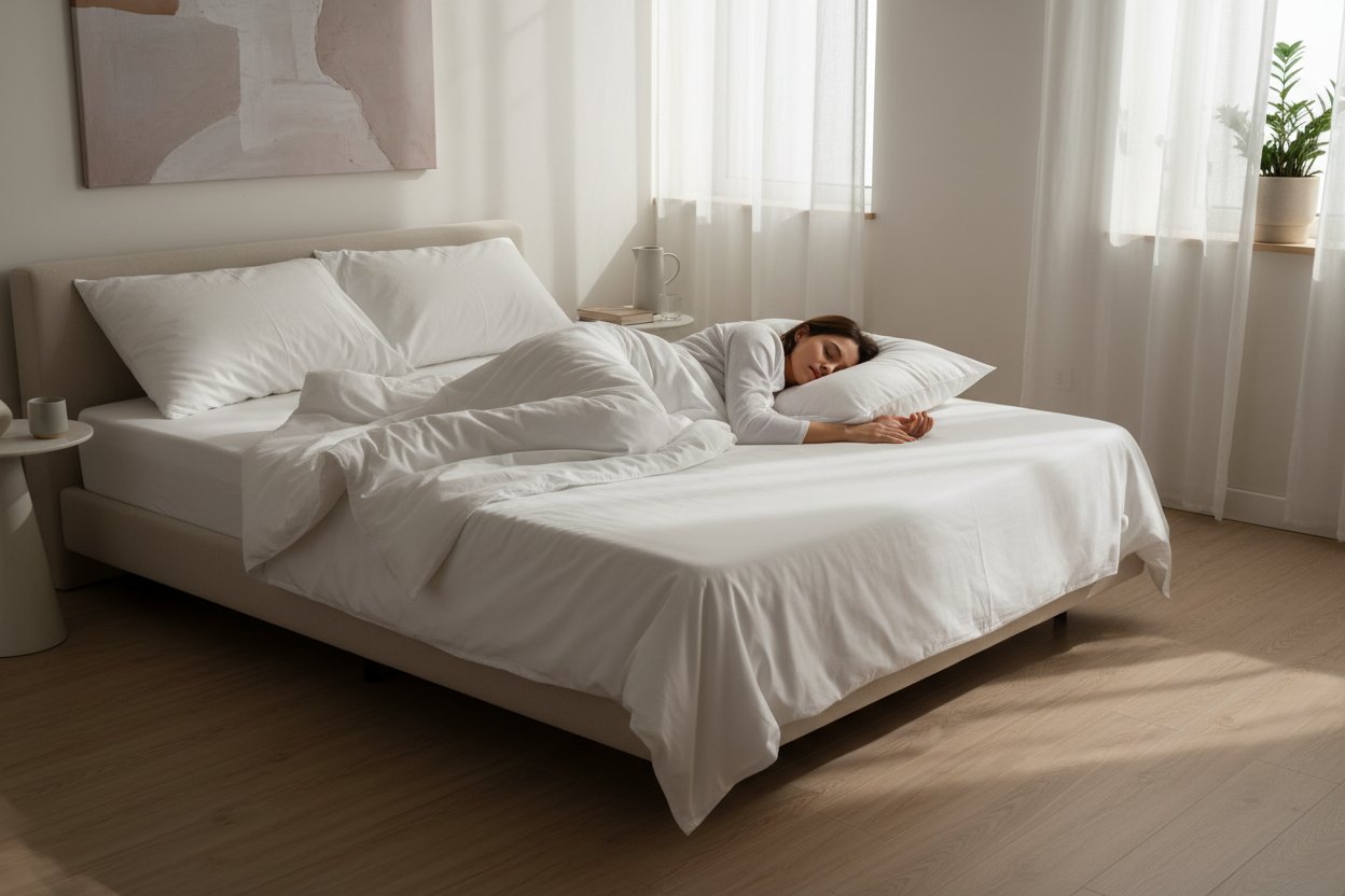 "Woman sleeping face-down on a Sleepwell mattress in a bright bedroom — designed for stomach sleepers who need firmer support."