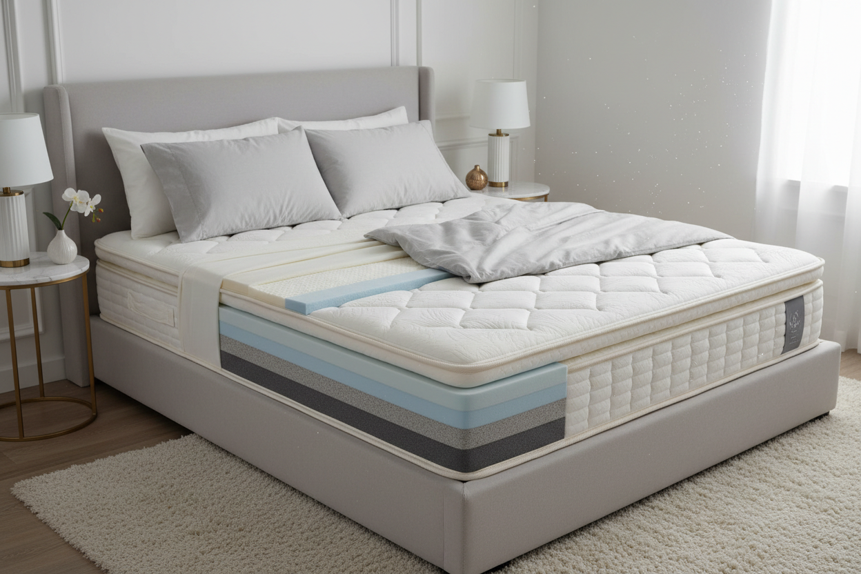 "Sleepwell 3/4-size mattress on a bed frame with a cutaway view showing quilted top, foam, and support layers in a bright bedroom."